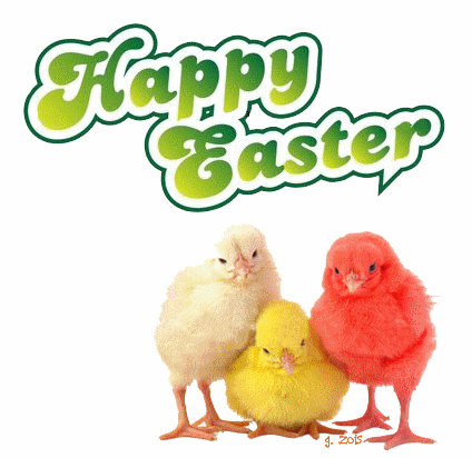 Kolorowe kurczaki i napis Happy Easter